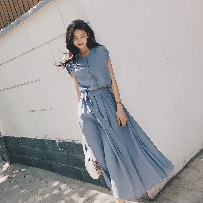 Solid Chiffon Dress Women Maxi Dresses Long Crew Neck Female Summer 2025 Korean  Style Female Clothing - AliExpress 200000345