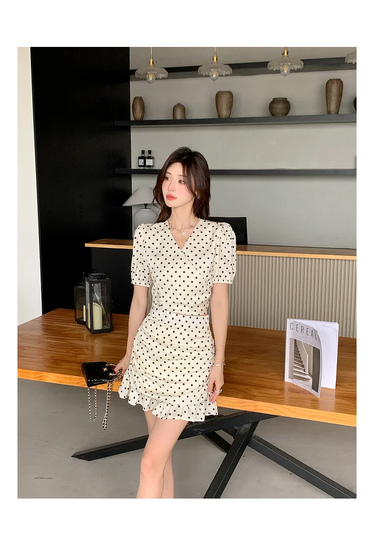 New Summer Two-piece Skirt Set Women Elegant Polka Dot V-neck Cropped Top Bodycon Short Skirt Y2K Sexy Korean Fashion Outfits