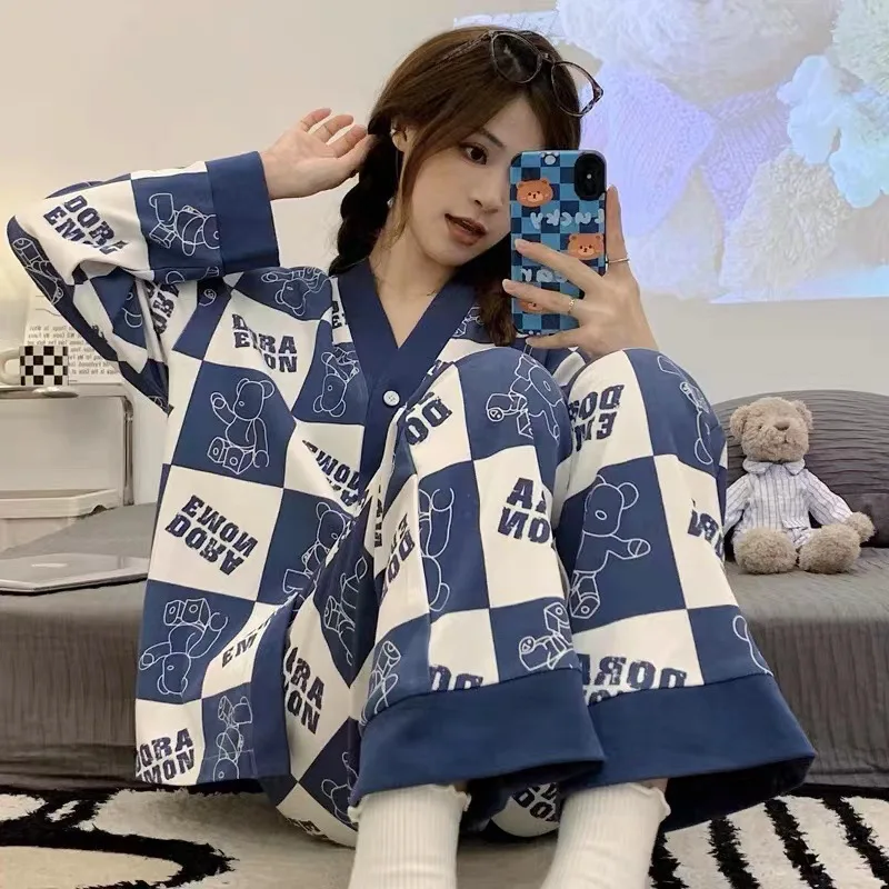 

Japanese Kimono Autumn Winter Womens Pajamas Sets Cotton Long Sleeves Homesuits Casual V-neck Lapel Sleepwear