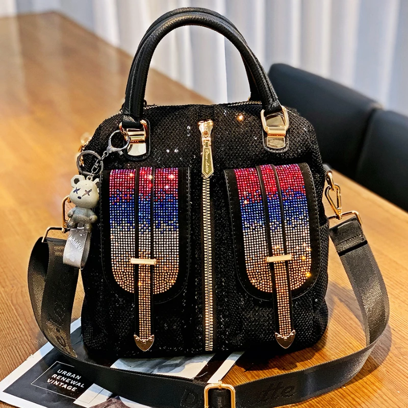 

Genuine Leather Backpacks for Women Trend Mochila Feminina Sparkle Shining Sequines Ita Bag Pack Dual-use Sac a dos