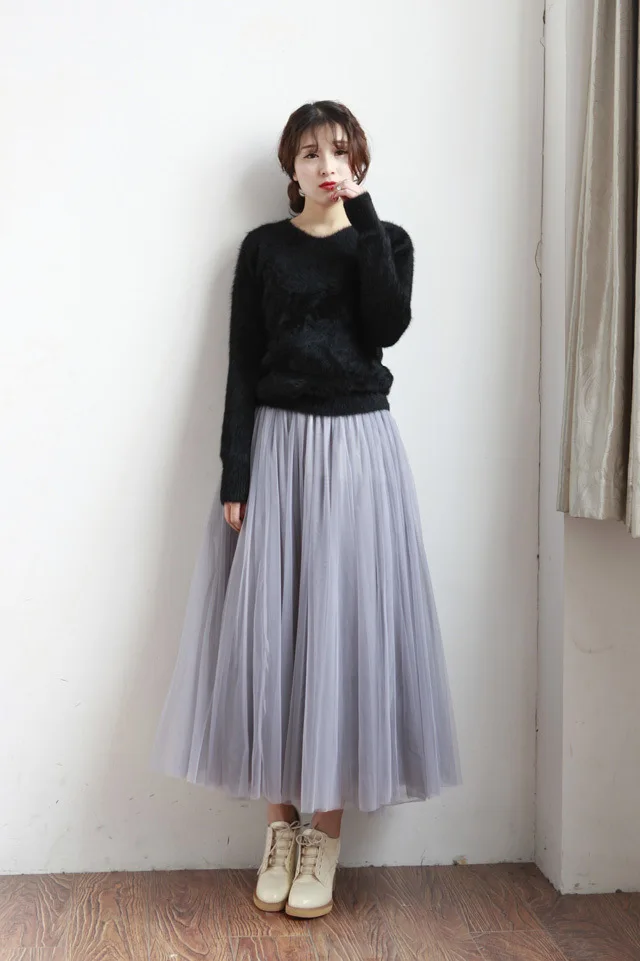 Vintage Bohemian Tulle Long Skirt Women Elastic High Waist  A-line Pleated Mesh Skirt Linging Female Jupe Longue short skirt