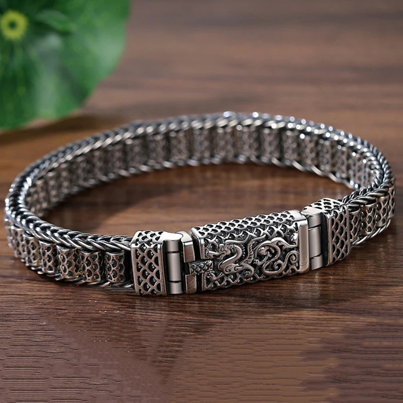 

Vintage Rotatable Beads Dragon Bracelet Charm Men Cuff Bangles Personality Feng Shui Fortune Jewelry Silver Plated Easy Buckle