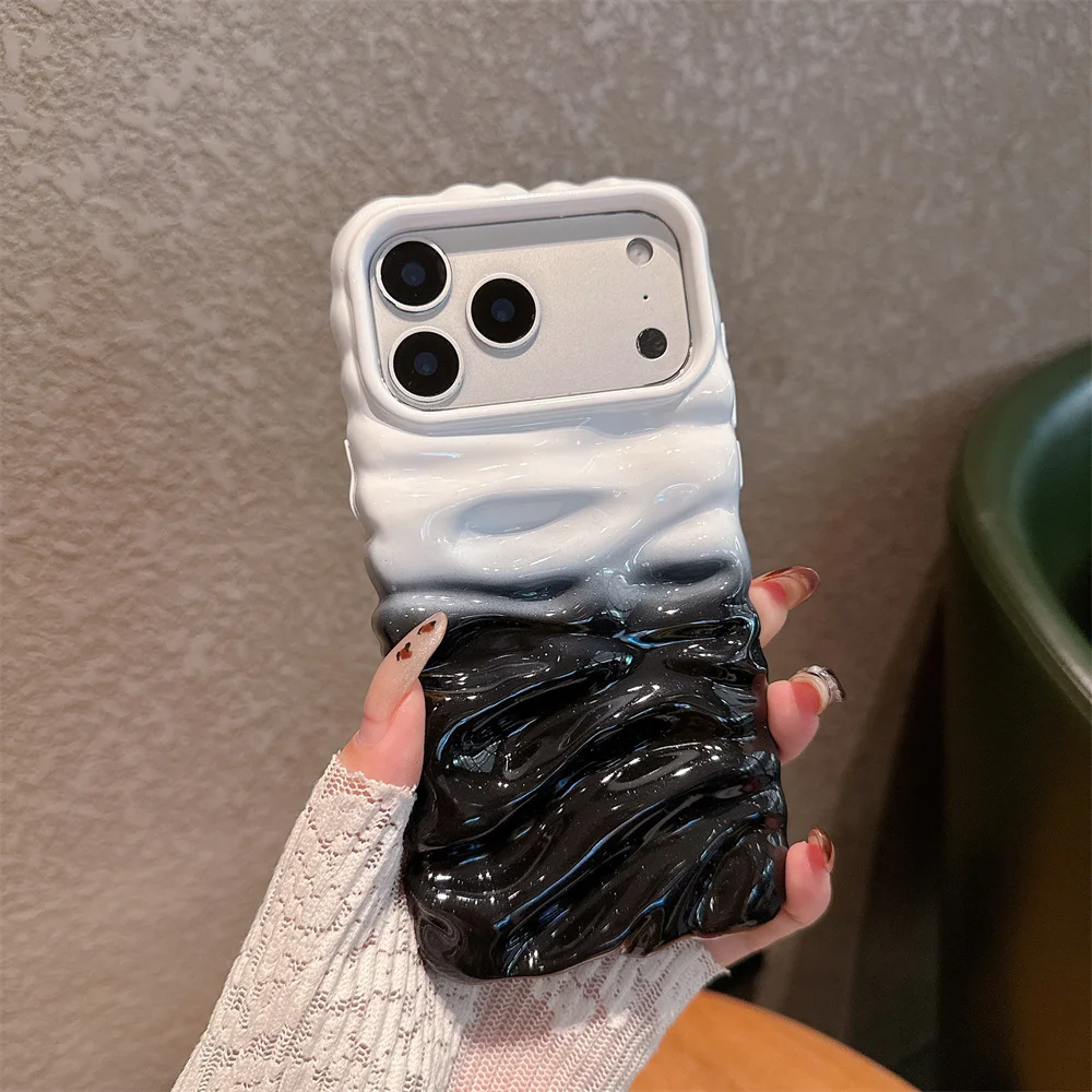 Gradient Pleated Water Ripple Glossy Phone Case - Dual Color Protective Back Cover