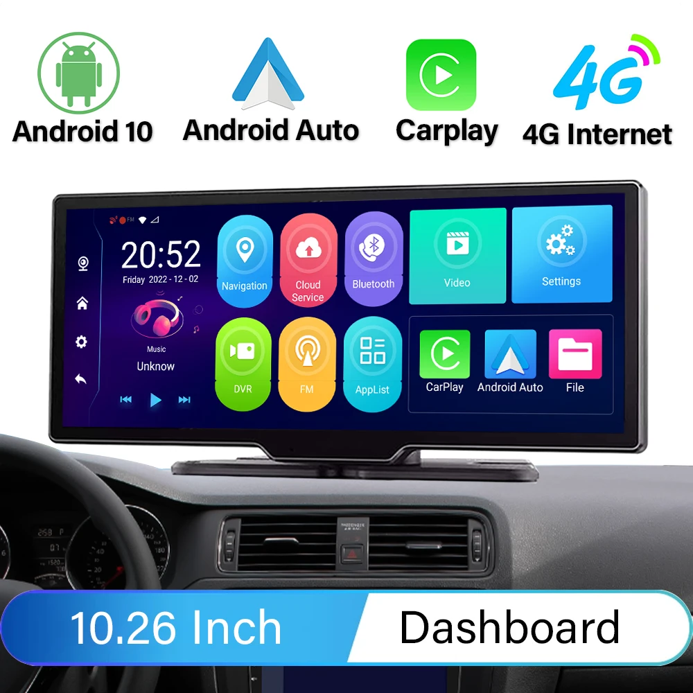Android 10 10.26 Inch 4G Car DVR Carplay Auto GPS Navigation Dashboard 1080P FHD Dual Lens