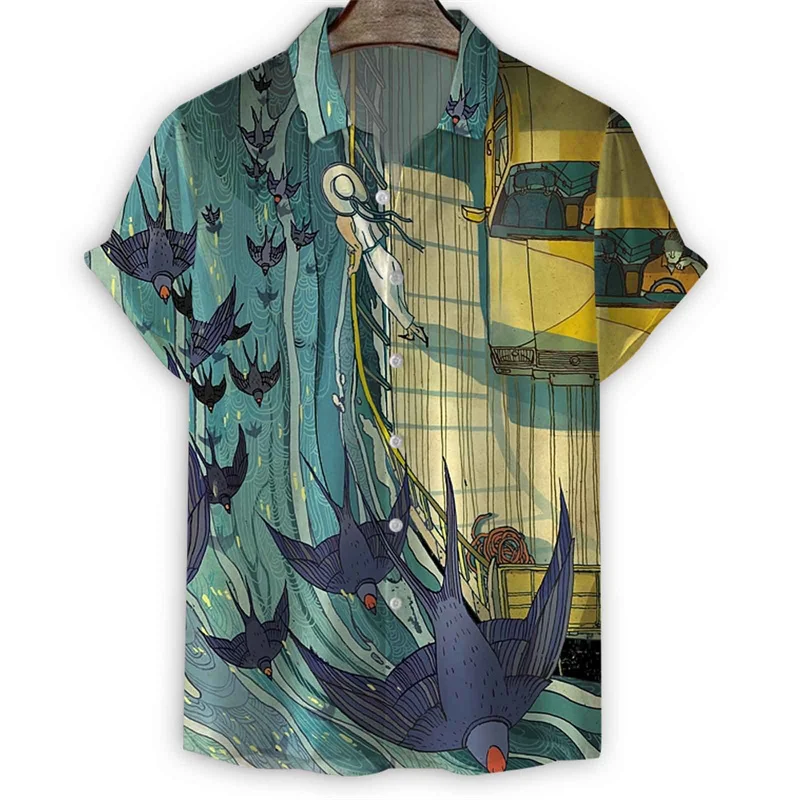 thumbnail image 1 of Camisa retro de campo para hombre, camisas hawaianas de manga corta con solapa y estampado 3D de verano, blusa holgada con botones de estilo callejero de Harajuku, ropa Y2k, 1 of 4