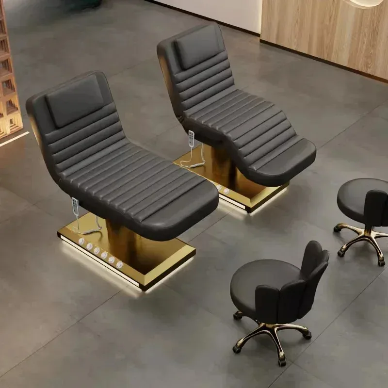 2026 핫 세일 럭셔리 뷰티 살롱 전동 미용 침대 3 모터 골드 스테인리스 스틸 베이스
