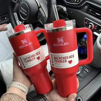 Stanley 핸들 뚜껑이 달린 스테인리스 스틸 텀블러 절연 물병, 빨대 대용량 진공 여행 머그, 야외 자동차, 40oz