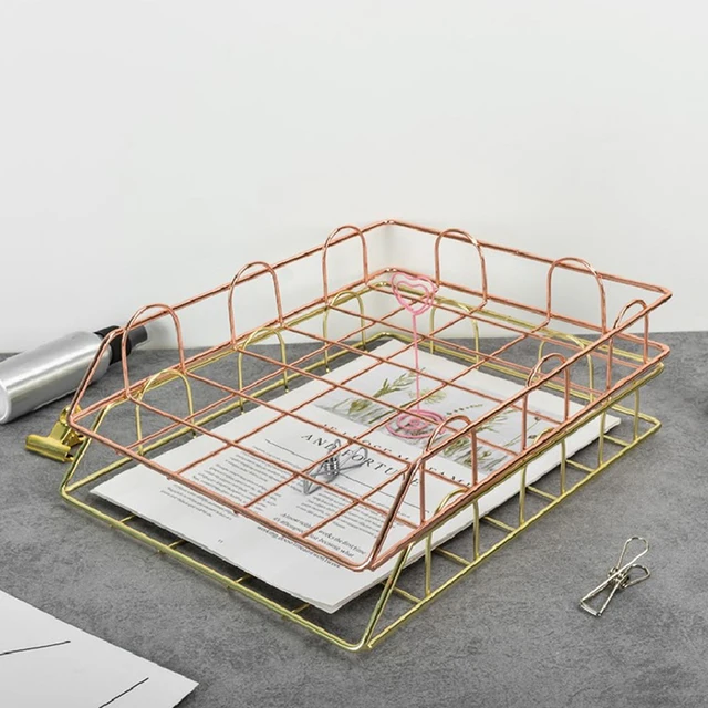 Fém Egymásra Rakható Papír Tálca Íróasztal Szervező Rózsa Arany Levél Tálcák Fájlpapír Fájl - Image 5