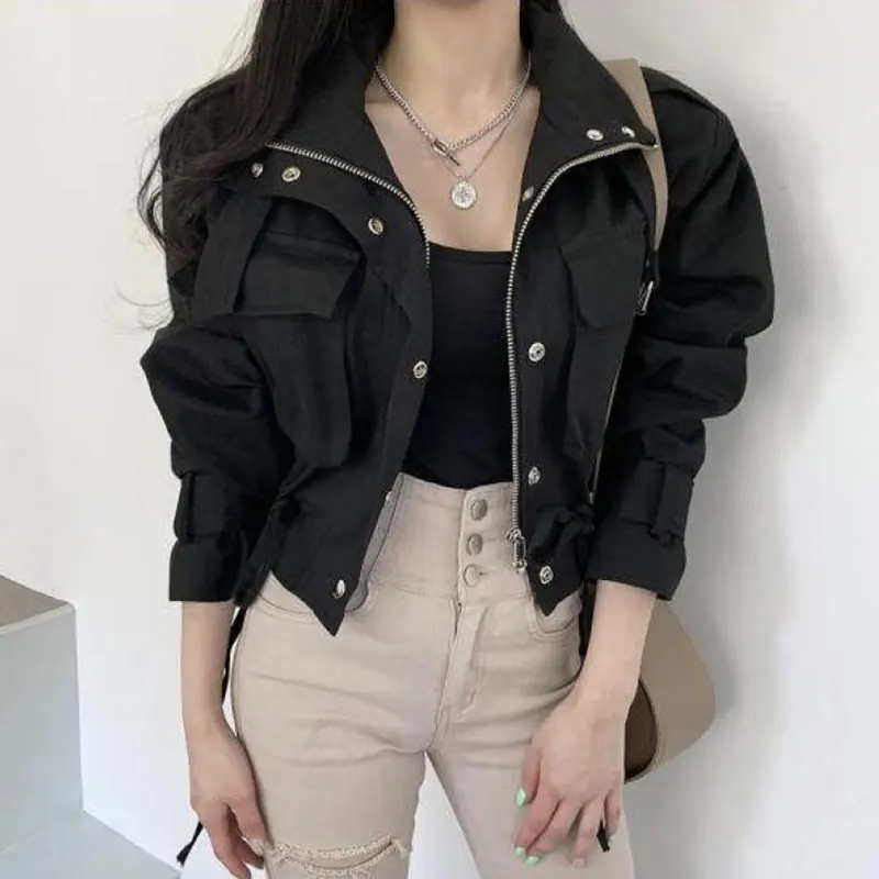 Korean Chic Safari Style Cool Cropped Jackets Women Zipper