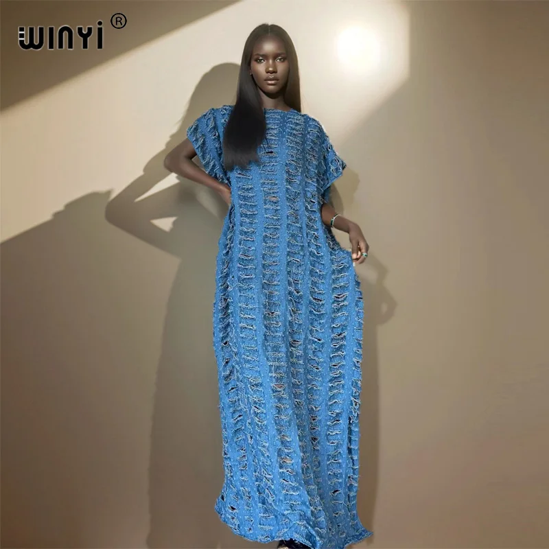 Denim Dress WINYI Original denim sexy long dress with holes Africa Womens party holiday Casual Short Sleeve Maxi beach dress denim dress