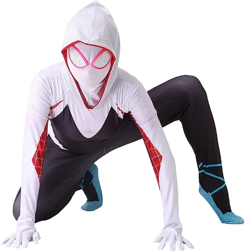 

Girls Gwen Spider Cosplay Costumes with Headgear White Spidergirl Bodysuit Jumpsuit Mask 3D Style Halloween Costumes Suit