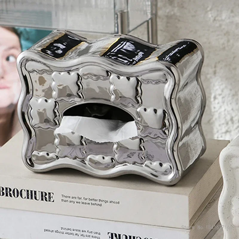 Creative Electroplated Silver Ceramic Tissue Box, Nordic Style, Home Living Room, Bedroom, Bathroom, Dining Table Decoration 1Pc
