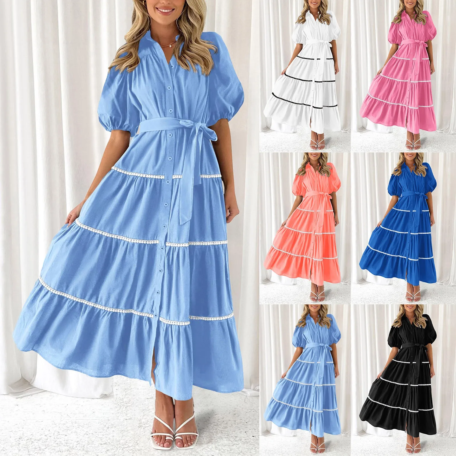 

Sundresses for Women Casual Beach with Sleeves Women's Summer Button Up Short Sleeve Layered Pleated Flowing Long Real Dress