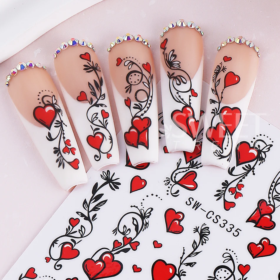 2pcs Valentine's Nail Stickers Red Love Heart Bow French Design Nail Decals DIY Elegant Adhesive Slider Manicure Decoration Tool