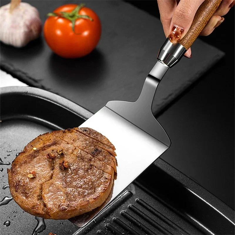 Steak Cooking Spatula Stainless Steel Square Head Pizza Shovel Pancake Beef Turner Scraper Wood Handle BBQ Utensils For Kitchen
