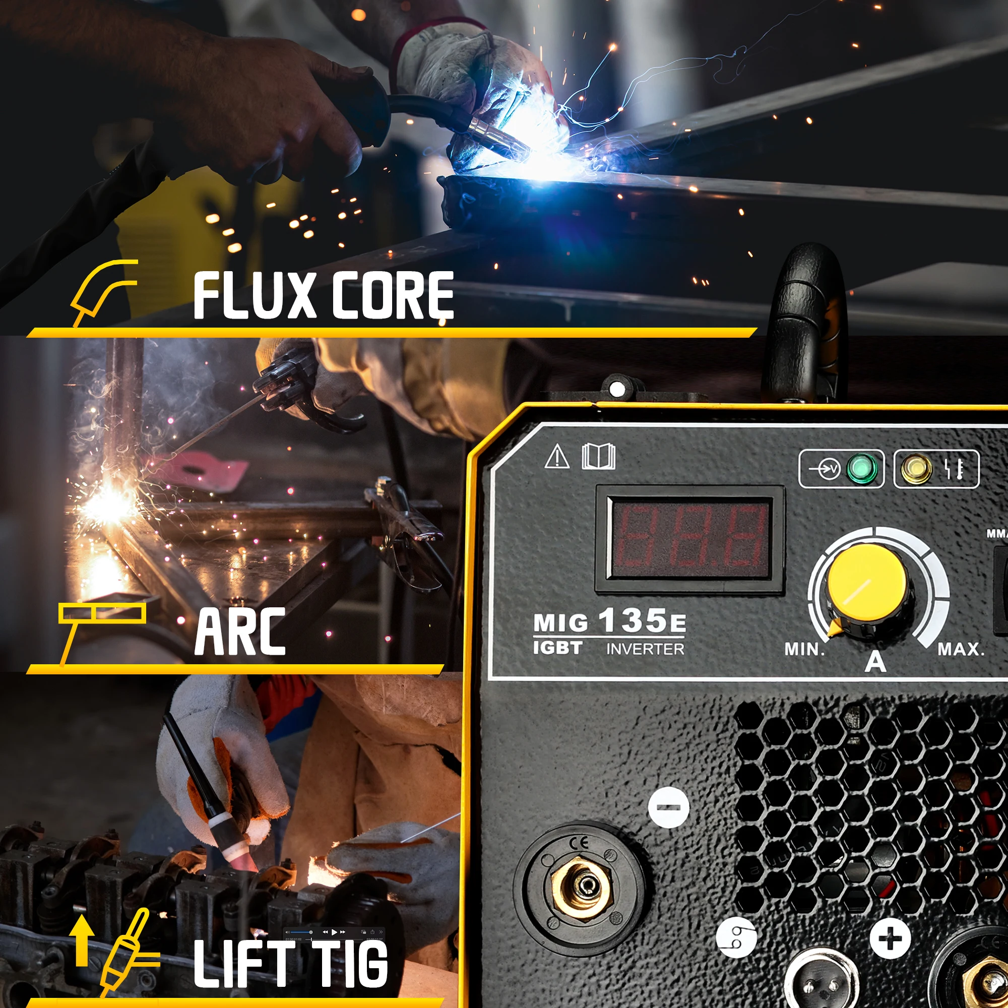 MIG Welder 135E 3-in-1 Flux Core Welder MIG/Lift TIG/Stick Welding Machine 110v with Synergic Control IGBT Inverter 5