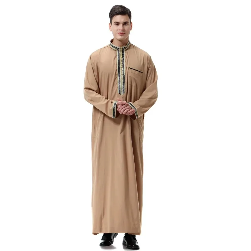 Muslim Men Jubba Thobe Mens Long Dress Islamic Applique Kimono Long Robe Saudi Musulman Wear Abaya Caftan Dubai Arab Dress 2024