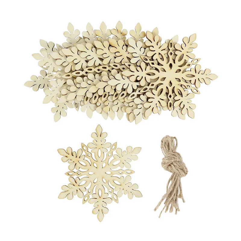 DATEFUN Sneeuwvlokken van hout, kerstdecoratie, 24 stuks, sneeuwvlokken van hout, decoratief, met koord, decoratie, kerstboom, doe-het-zelf, kersthandwerk (6 cm
