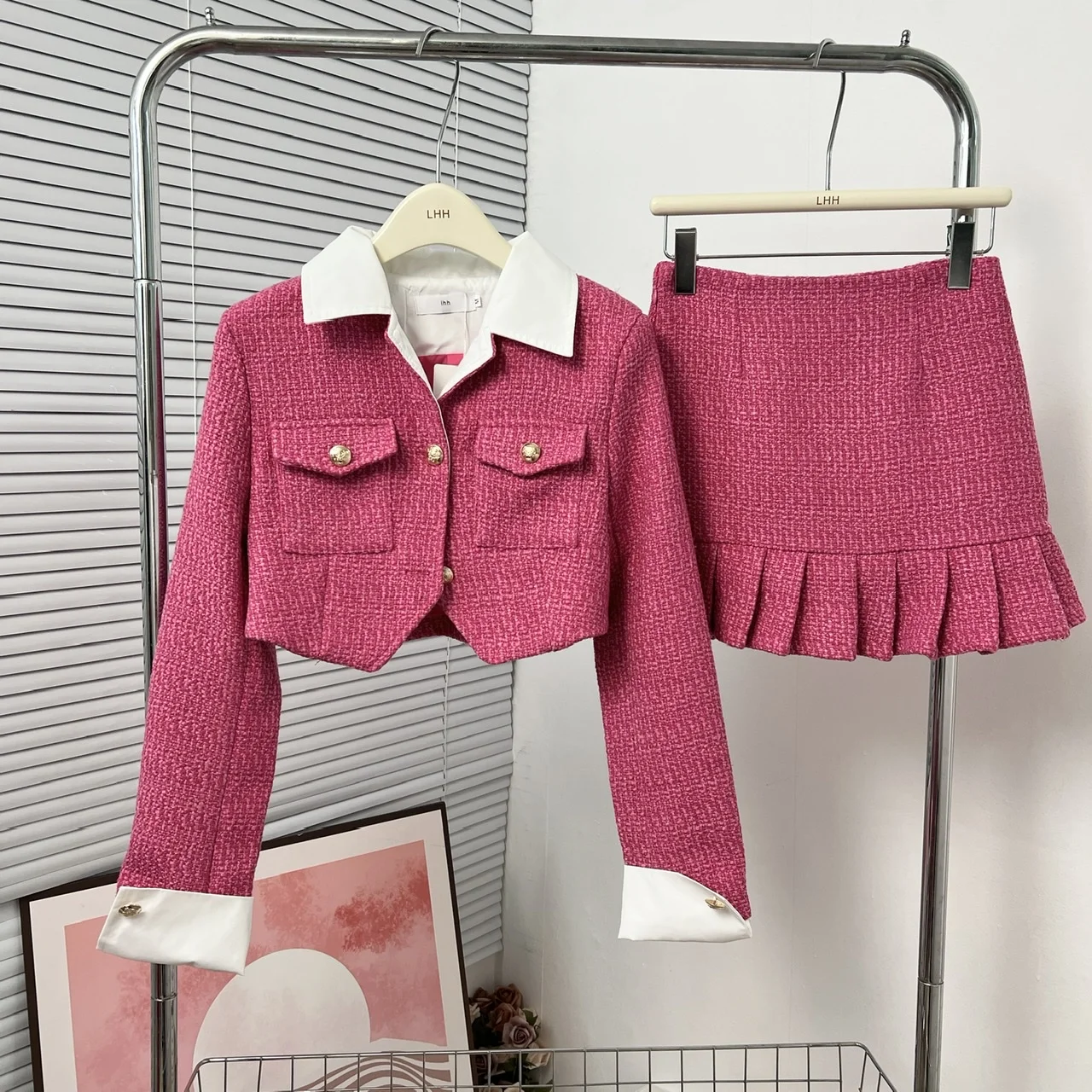 

Women's Sweet Two Pieces Skirt Suits Summer Autumn High Street Long Sleeve Crop Blazer Jacket Outwear Top + A Line Mini Skirt