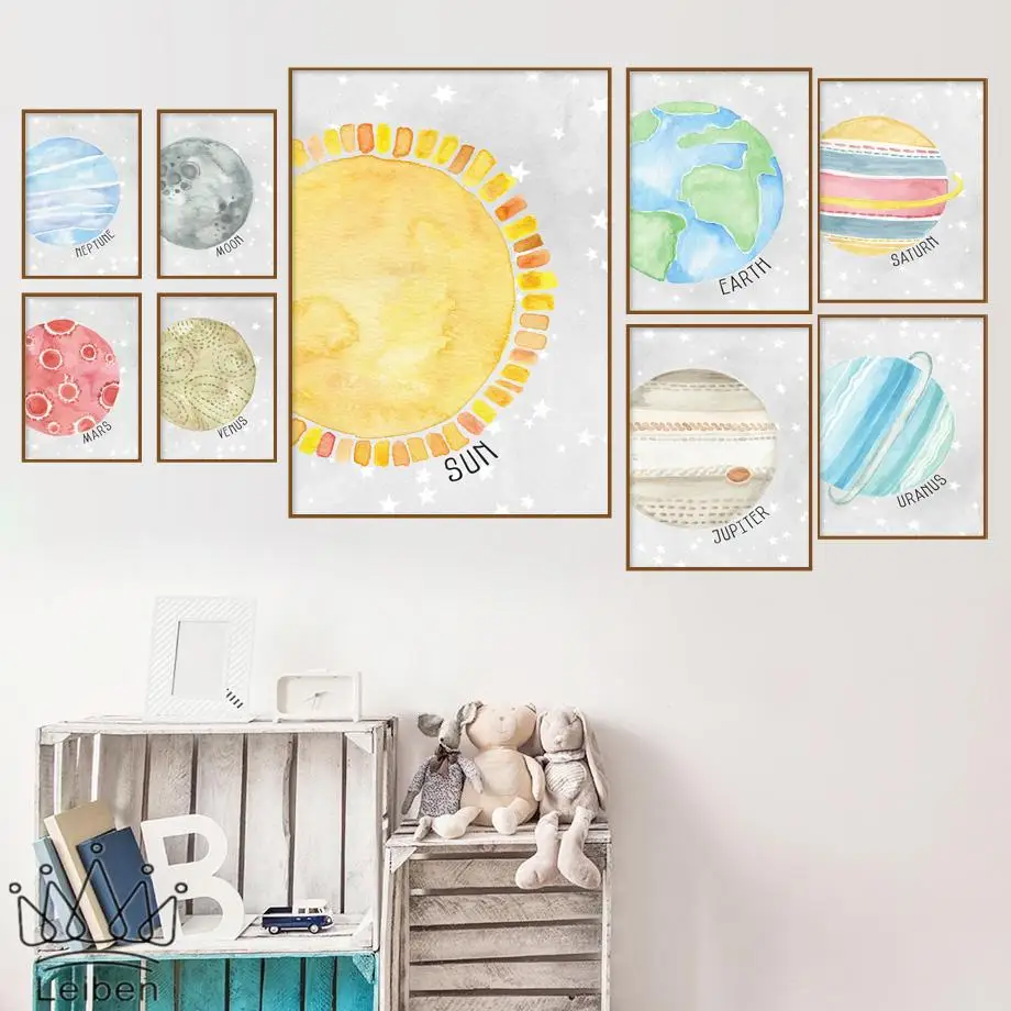 

Earth Moon Pluto Universe Planet Cartoon Canvas Painting Nordic Pictures Nursery Wall Art Poster Home Decor Children's Room