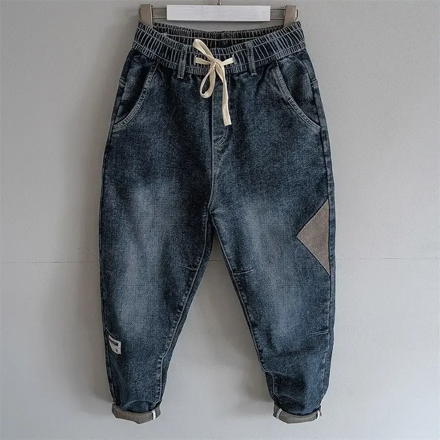 Loose Elastic Waist Denim Jeans Spring Autumn Spliced Harem Pants Men's Casual Pants 2024 Korean New Stretch Baggy Cargo Jeans 6