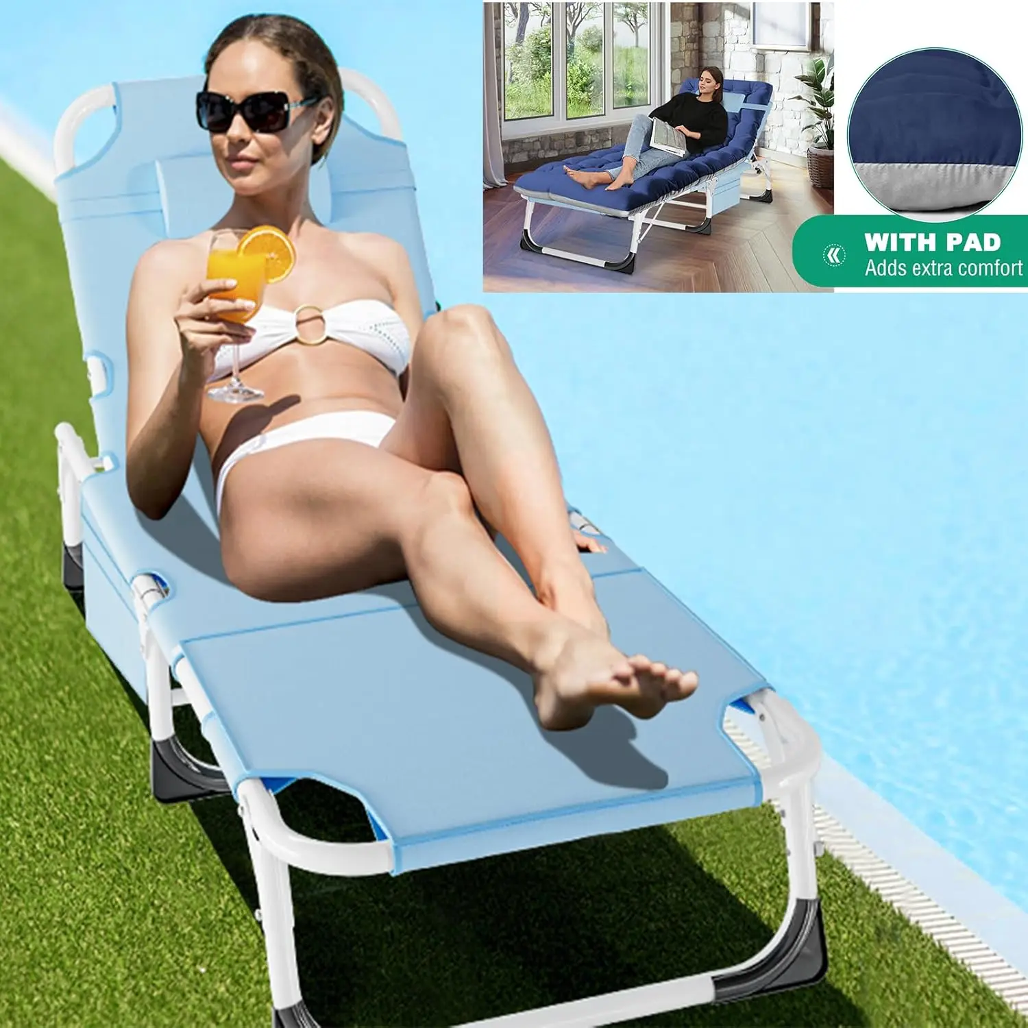 Folding Chaise Lounge Chair with Mattress, 5 Position Beach Chair with Face Hole, Patio Chaise Lounge Chairs for Outside