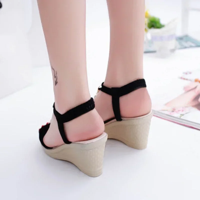 Summer Ladies Platform Wedge Sandals with Rhinestone Red Beige Casual Comfortable Slope Heel Open Toe Shoes Women's Luxury platform high heels sandals platform sandals