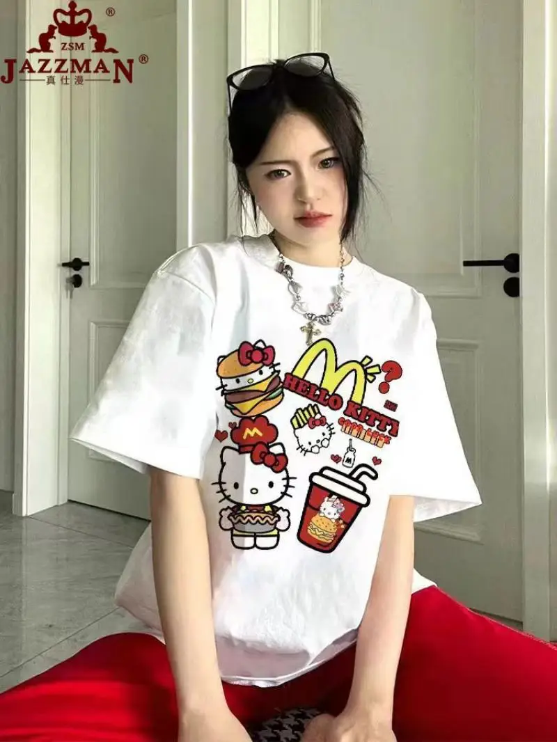 

Футболка Sanrio с коротким рукавом для девочек, милая Свободная Повседневная рубашка из чистого хлопка в стиле Hellokitty, американский топ с коротким рукавом, на лето