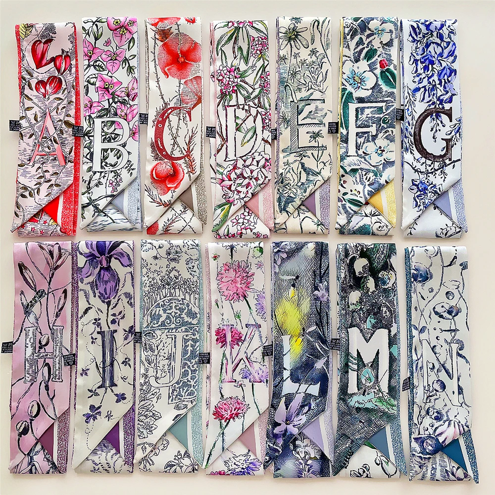 Korean 2024 Summer New Tarot Brand Plant Flower 26 Letter Women's Decoration Twill Streamer Silk Scarf Tie Bind a bag Ribbon 3
