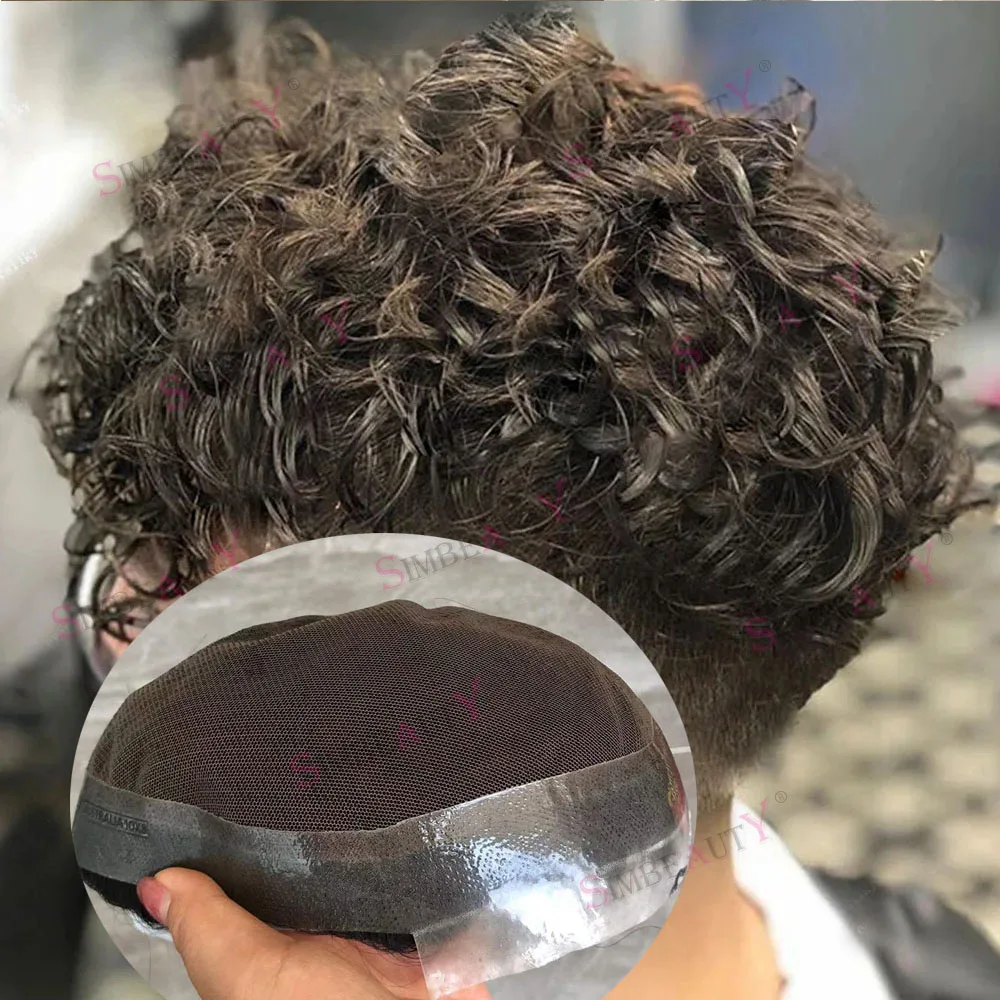 Human hair toupee Breathable lace Thin skin PU base Brown Hair replacement system Male Hair pieces 20mm Curly Men's Wig