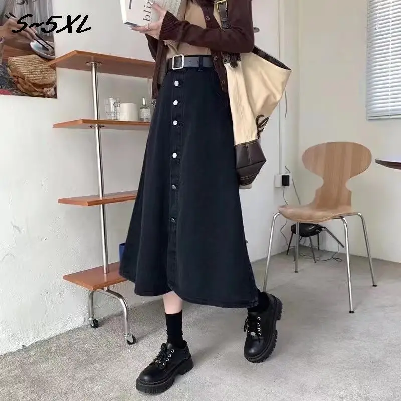 

Summer Spring Denim Skirts Women Streetwear A Line Pockets Large Hemline Single Breasted High Waist Long Skirts Female S-5XL