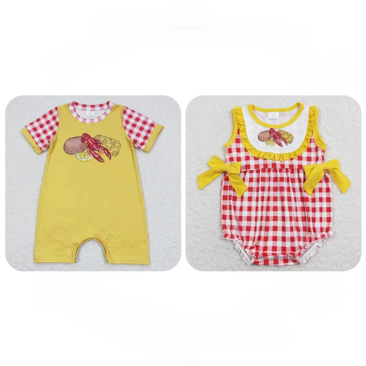 

Wholesale Kids Children Crawfish Romper Toddler Newborn Summer One-piece Matching Baby Boy Girl Red Plaid overalls Clothing