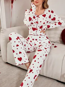 Autumn Winter 2 Pieces Pajamas Sets for Women Sleepwear Heart Print Long Sleeve Tops with Long Pants Trouser Set Pyjamas 1