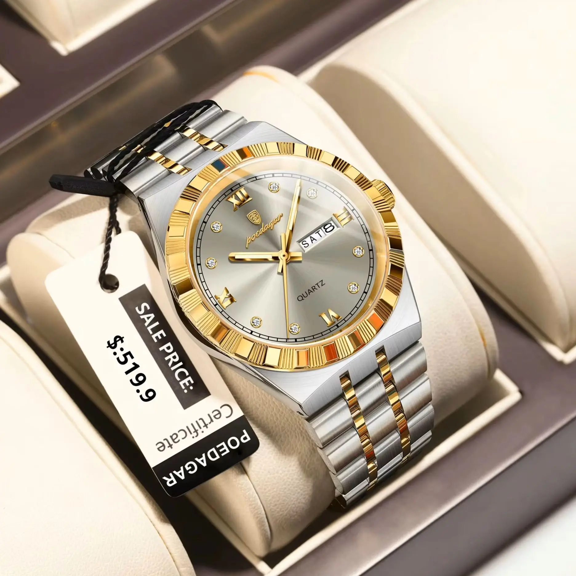 POEDAGAR Original Military Man Wristwatch Quartz Week Date Watch For Men Waterproof Luminous Stainless Steel Men's Watches Reloj