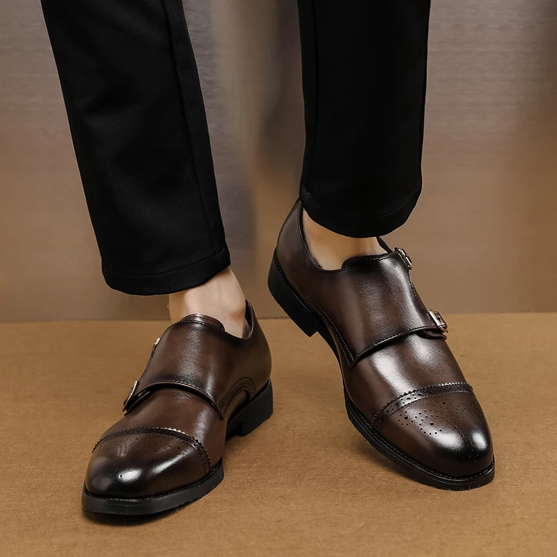 WAERTA Classic Double Buckle Men's Block Low Top Leather Shoes Fashionable Business Banquet Party Brown Pointed Leather Shoes mens brogue shoes