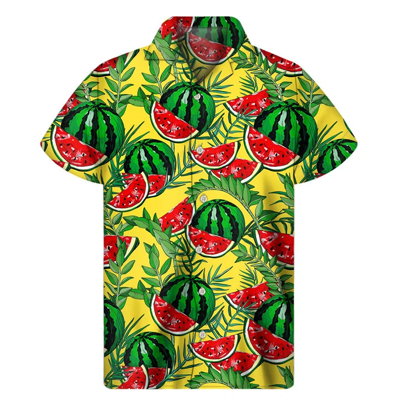 thumbnail image 1 of Camisa hawaiana con estampado de sandía colorida, blusas de verano de manga corta con botones y estampado 3D de frutas, ropa para hombre, blusa con solapa, 1 of 5