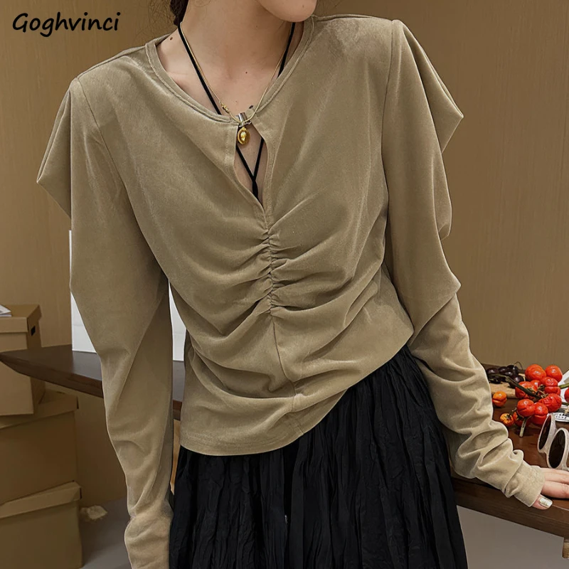 

Shirts Women Pleated Solid Color Hollow Out Vintage Female's Long Sleeve O-neck Casual Tops Autumn New Fashion Skin-friendly