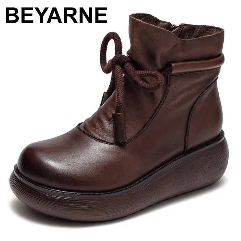 

Shoes Women Boots 2023 New Winter Genuine Leather Handmade Round Toe Zip Sewing Wedge Shoes Ankle Platform Boots