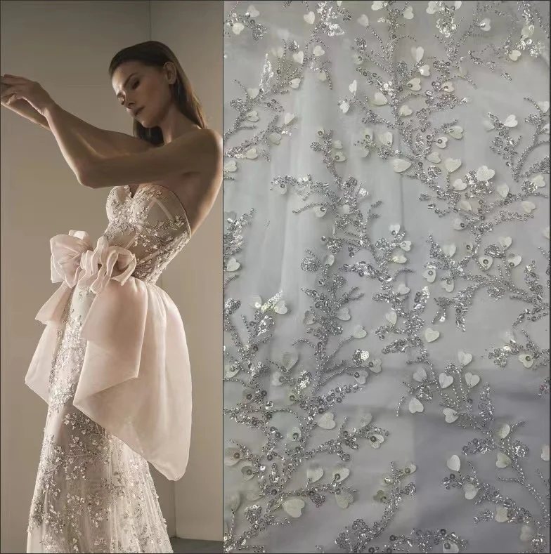 

Handmade White African Beaded Lace Fabric 2023 High Quality Embroidery Nigerian Sequins Lace Fabrics For Women French Mesh Lace