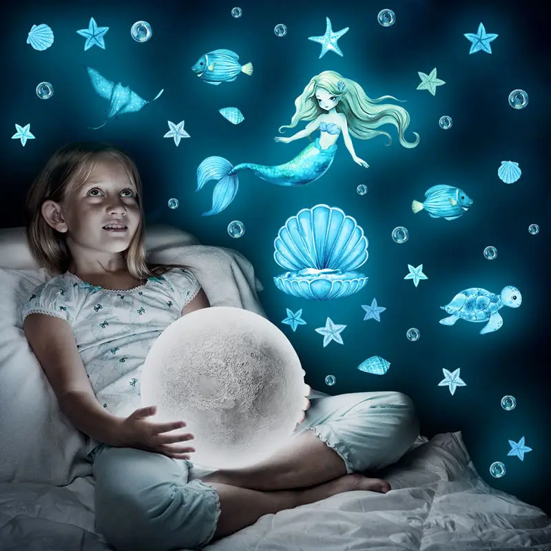 Glow In The Dark Mermaid Stickers Kids Room Decor Sea Animals Luminous Wall Sticker Seabed Marine Life Starfish Glowing Decals