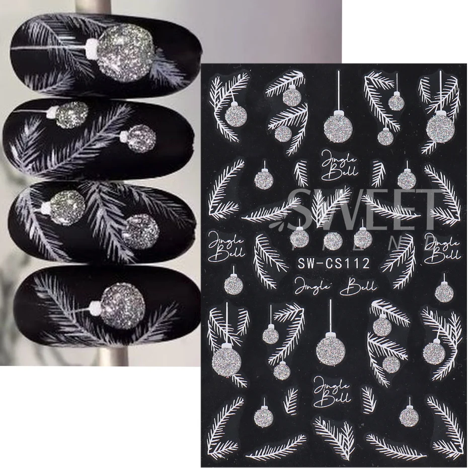 2pcs Flash Silver Christmas Nail Art Stickers Xmas Tree Lamp Ball Lace Snowflake Adhesive Nail Decals DIY Manicure Decoration