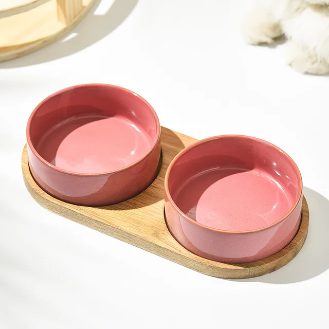 Dog Bowl Ceramic Matte Pet Bowl Cervical Spine Protector Anti Knock Over Wooden Tray Pet Feeding Supplies Cat Accessories 5