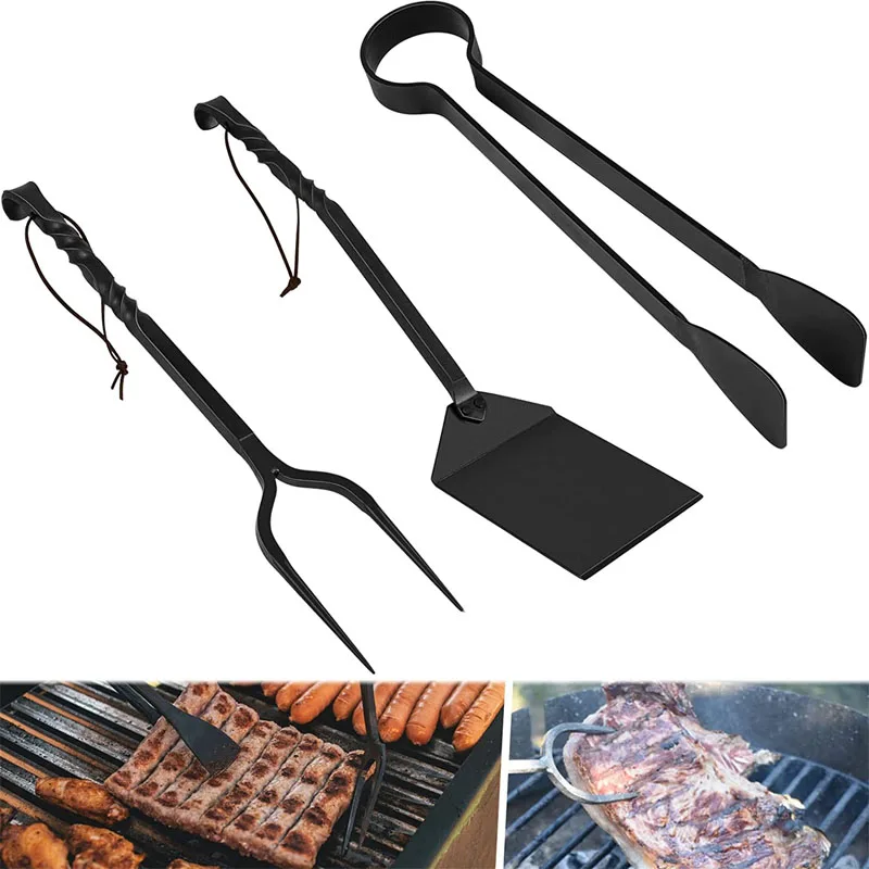 

NONY Rustic Metal Forged Grilling Utensils Kit (3-Pieces) Including BBQ Tongs, BBQ Fork and BBQ Spatula