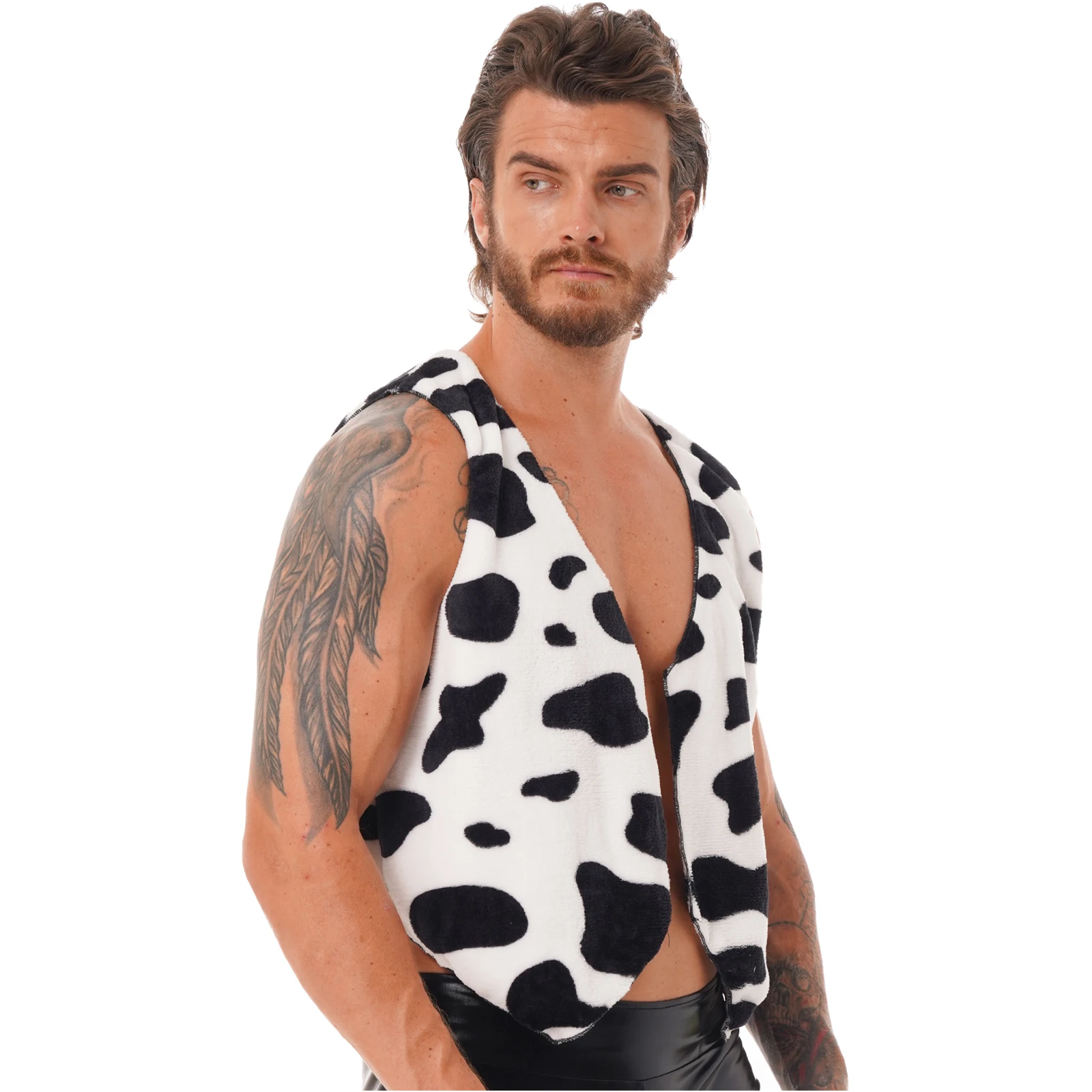 Men Cow Print Open Front Coat Jacket Vest Halloween Festival Hippie Costume Cowboy Cardigan Cosplay Party Fancy Dress Up 2
