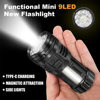 Powerful 9LED Flashlight Super Bright Tactical Torch With COB Side Light Camping Lantern USB Rechargeable Outdoor Flashlight