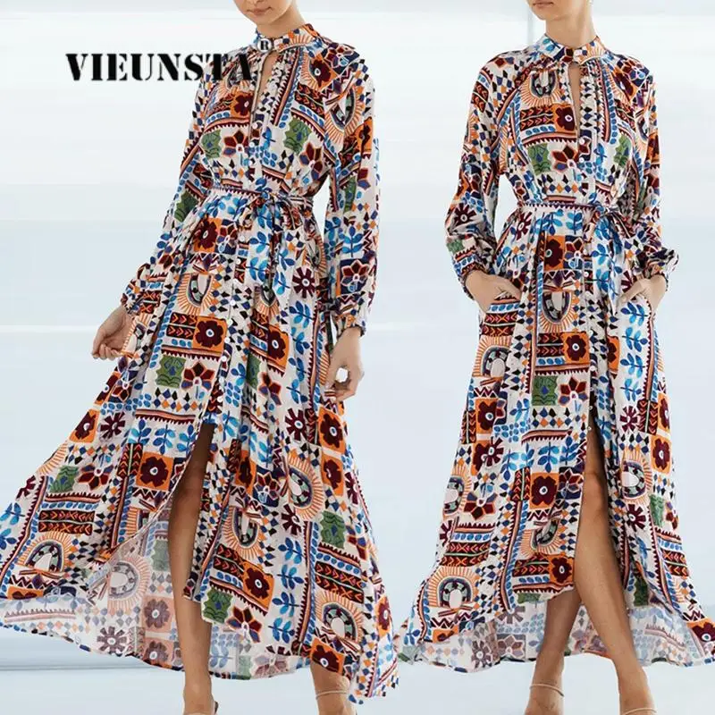 

Autumn Fashion Chic Floral Print Shirt Dress Women Elegant Hollow O-Neck Maxi Party Dress Lady Sexy Boho Slit A-Line Long Dress