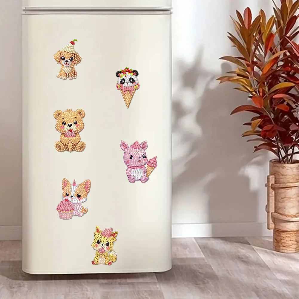 6Pcs Acrylic Cupcake Animals Fridge Stickers Diamond Art Magnets Decals Diamond Painting Fridge Magnet for DIY Crafts Party Gift