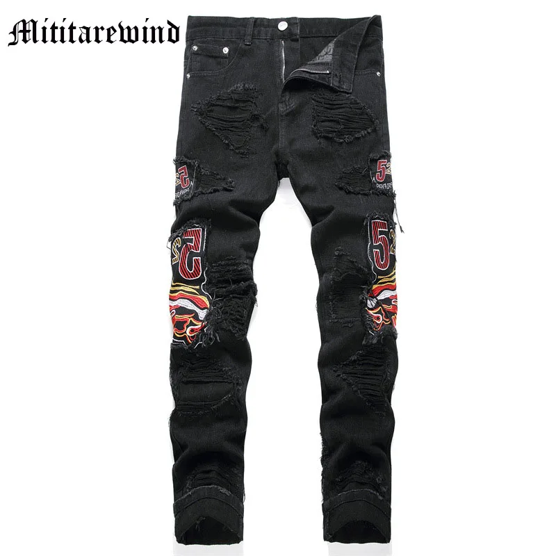 

Y2k Straight Jeans Patchwork For Men Punk Style Blue Embroidery Moustaches Pants High Street Male Hip Hop Youth Streetwear