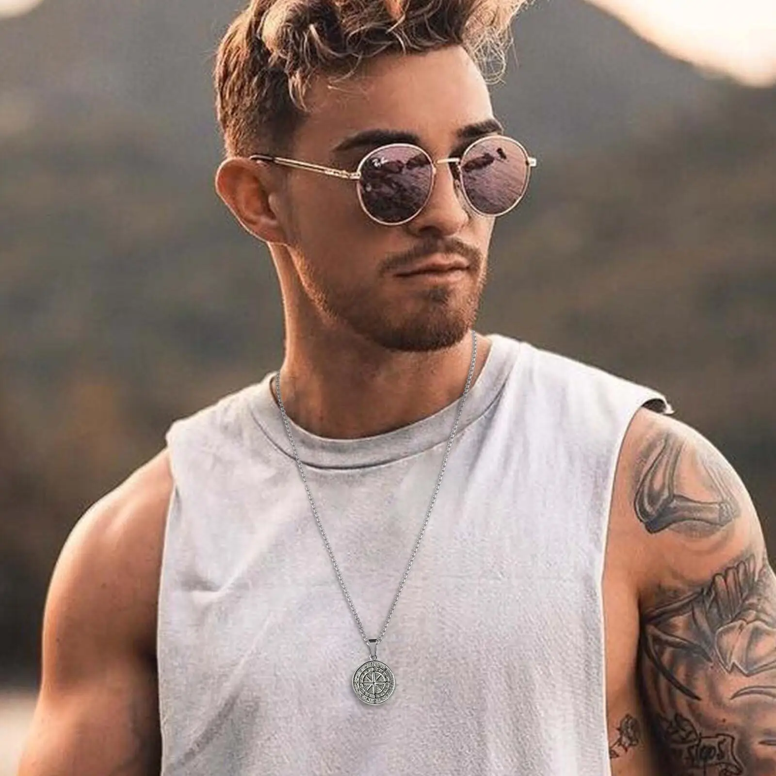 Stainless Steel Compass Pendant Necklace for Men