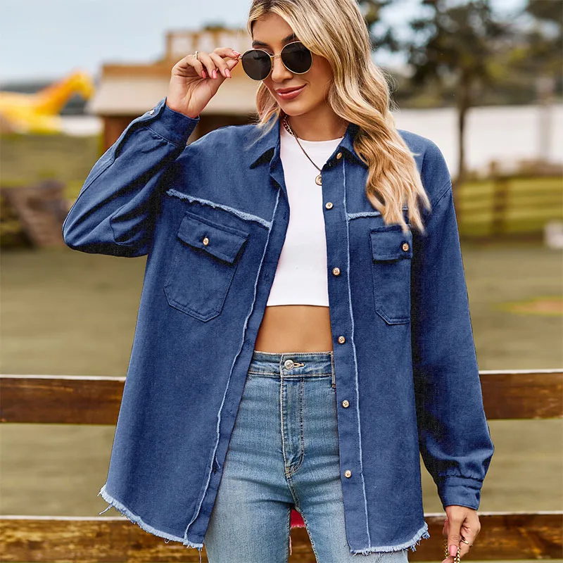 Solid Casual Loose Denim Shirts For Women 2023 Autumn Vintage Women's